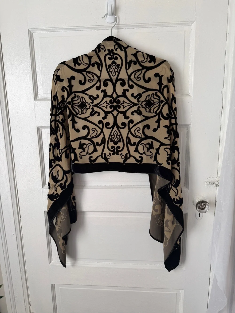 Silk Blend Velvet Burnout Scarf Wrap Beige & Black Damask Paisley Print Regal